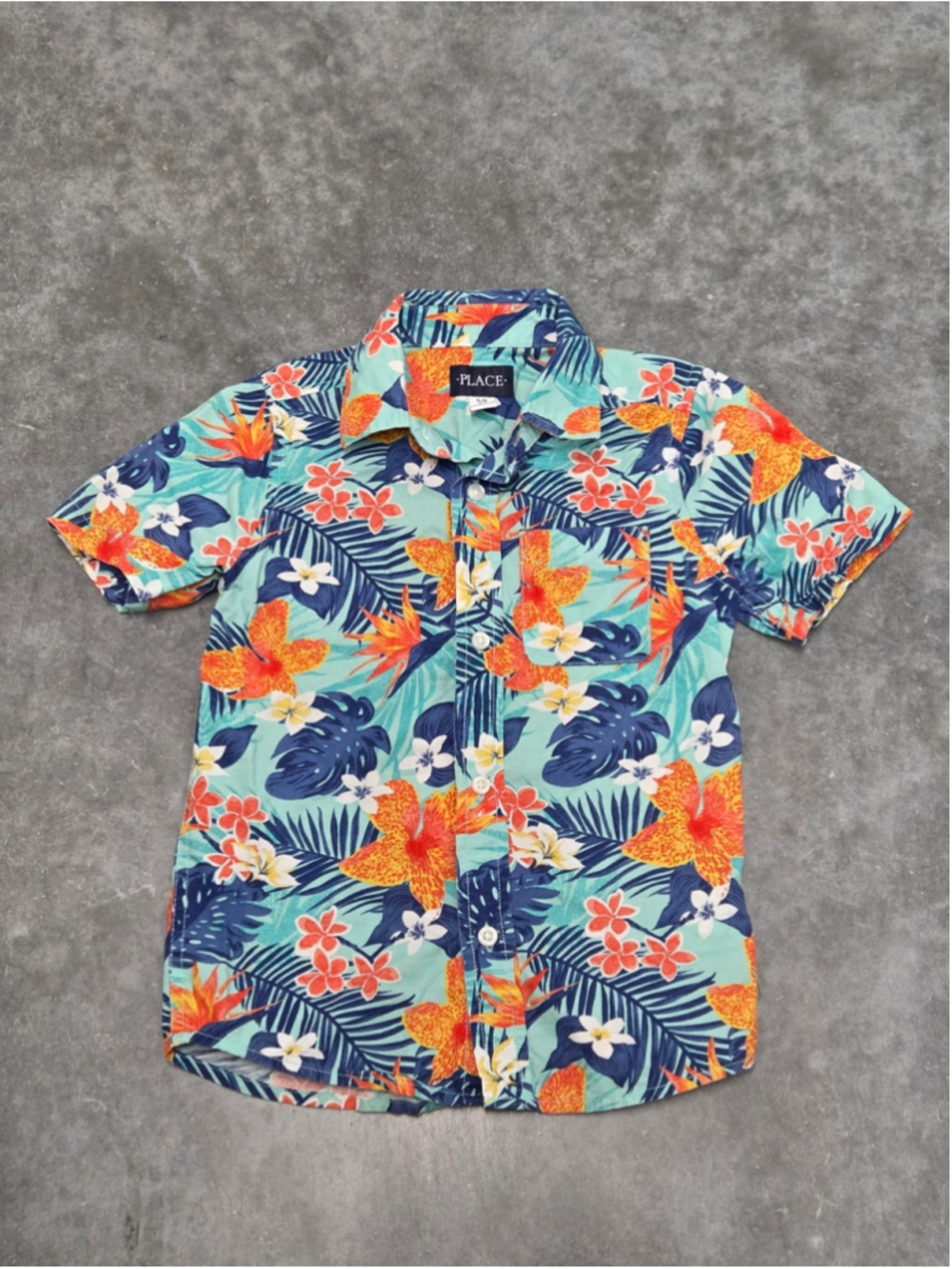 Place Turquoise Floral Hawaiian Button-Down Shirt Travel Beach Vacation Size 5/6